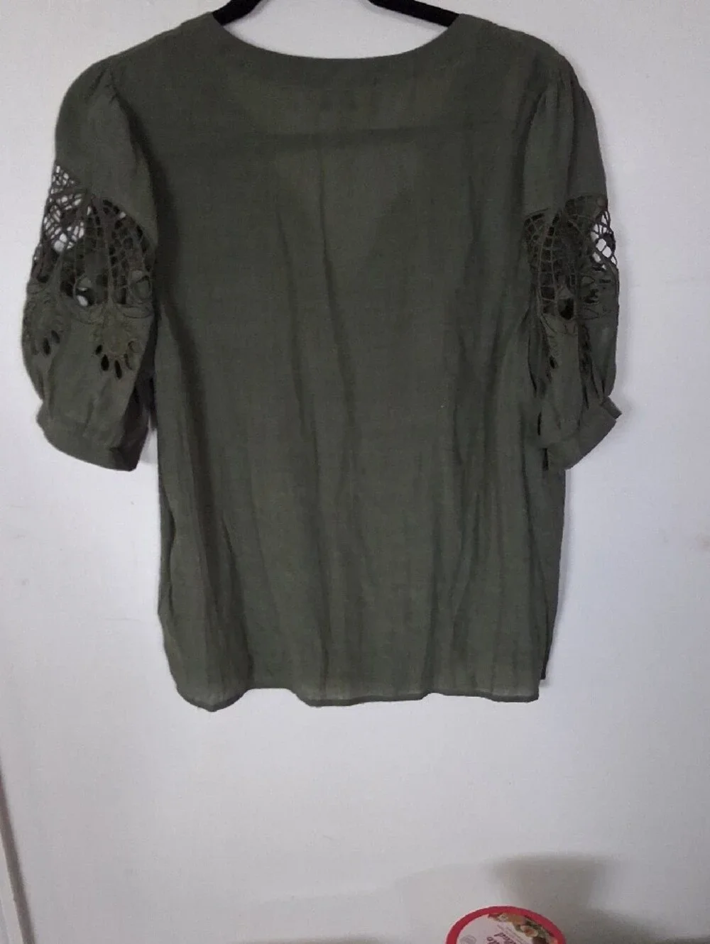 Nanette Lepore Olive Green Notch Neck Puff Sleeve Blouse